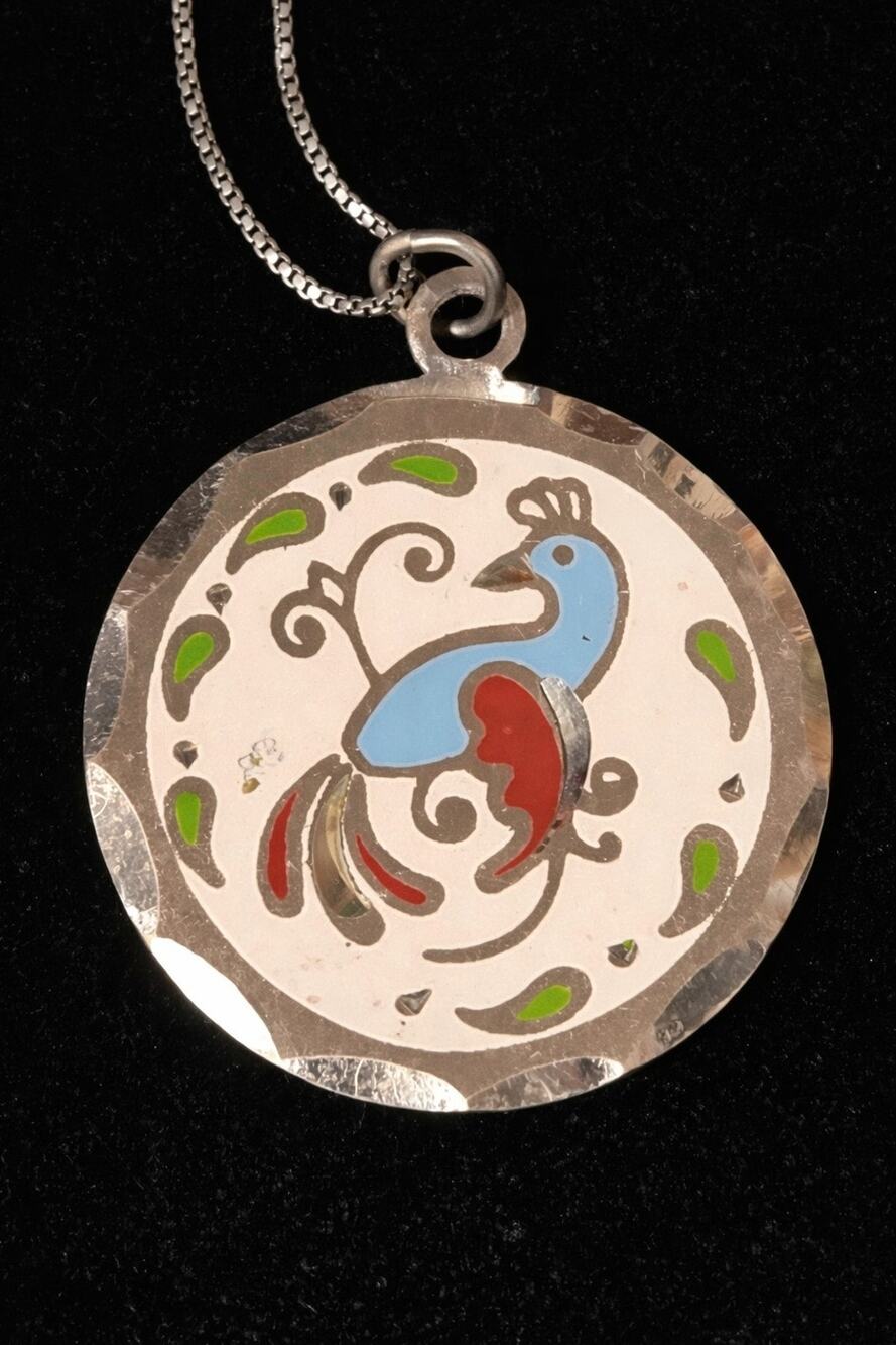Pewter Enameled Pendant Peacock Necklace, Signed, 925 Chain, Bird Jewelry blu1-8